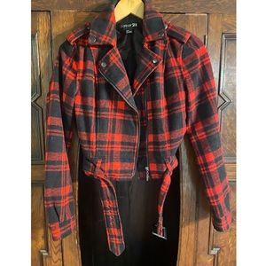 Red Tartan Cropped Moto Jacket
